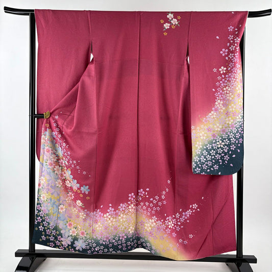 【美品】振袖禮服 身長155.5cm 袖長65cm M 雙層 櫻花花瓣 金通 金銀彩 粉色 純蠶絲 名品級
