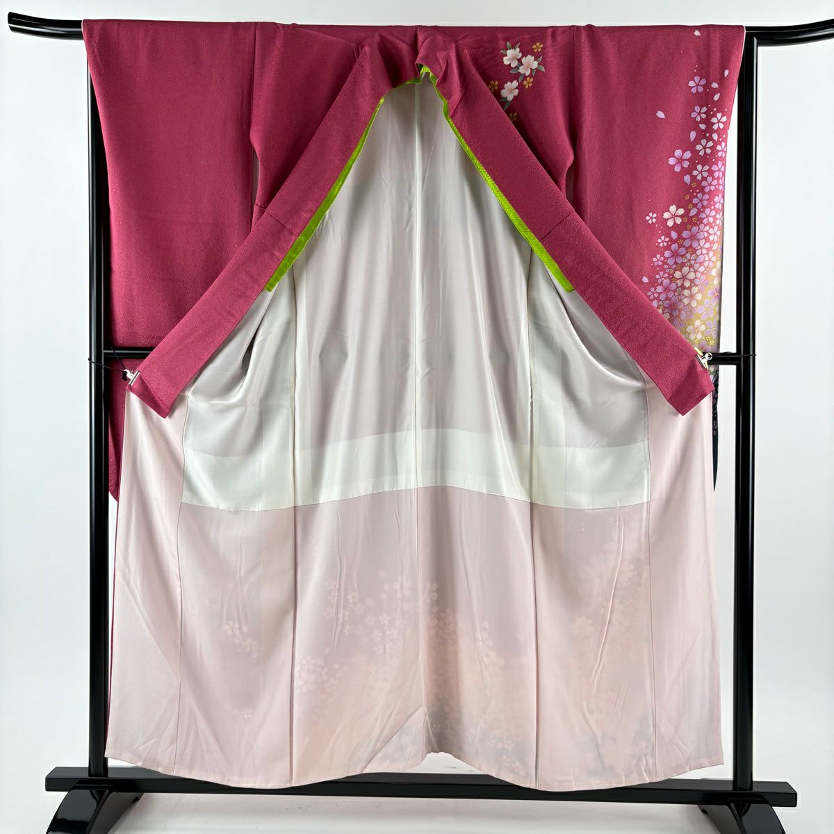 【美品】振袖禮服 身長155.5cm 袖長65cm M 雙層 櫻花花瓣 金通 金銀彩 粉色 純蠶絲 名品級