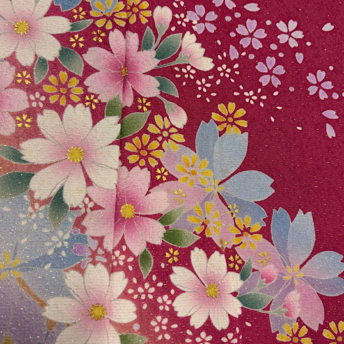 【美品】振袖禮服 身長155.5cm 袖長65cm M 雙層 櫻花花瓣 金通 金銀彩 粉色 純蠶絲 名品級