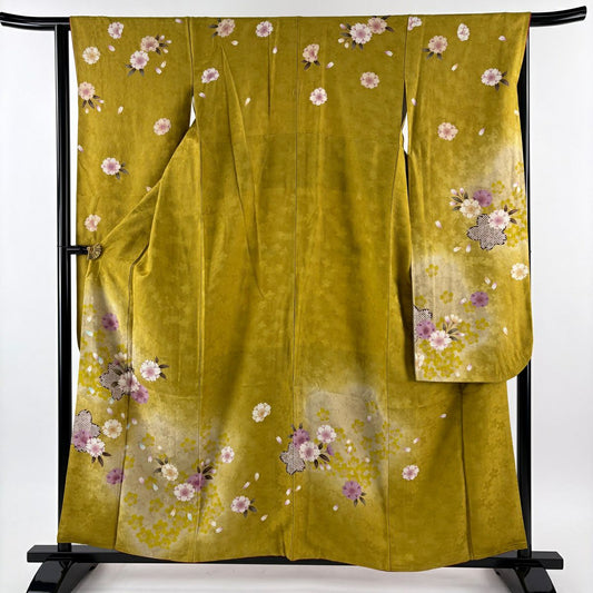 振袖禮服 身長158cm 袖長64cm M 雙層 櫻花花瓣 金金箔 金銀彩 芥末色 純蠶絲 名品級