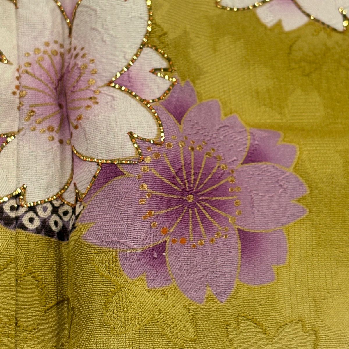 振袖禮服 身長158cm 袖長64cm M 雙層 櫻花花瓣 金金箔 金銀彩 芥末色 純蠶絲 名品級