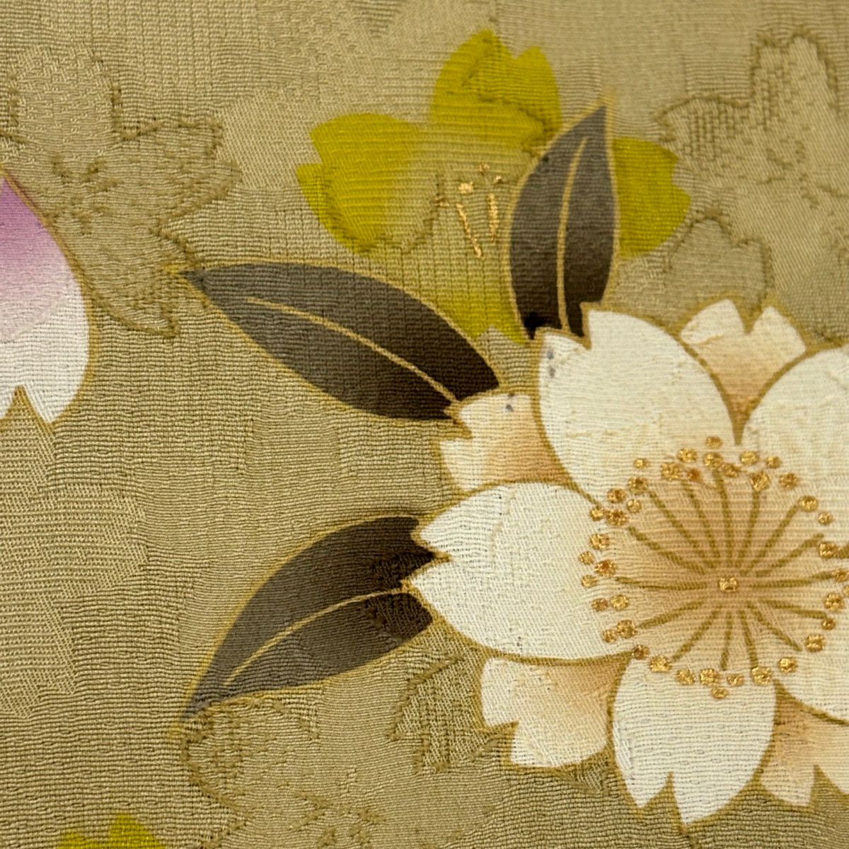 振袖禮服 身長158cm 袖長64cm M 雙層 櫻花花瓣 金金箔 金銀彩 芥末色 純蠶絲 名品級