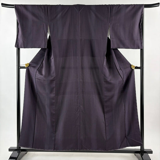 【美品】 小紋 身長158cm 袖長67cm M 雙層 地紋 縞 深紫 純蠶絲 名品級