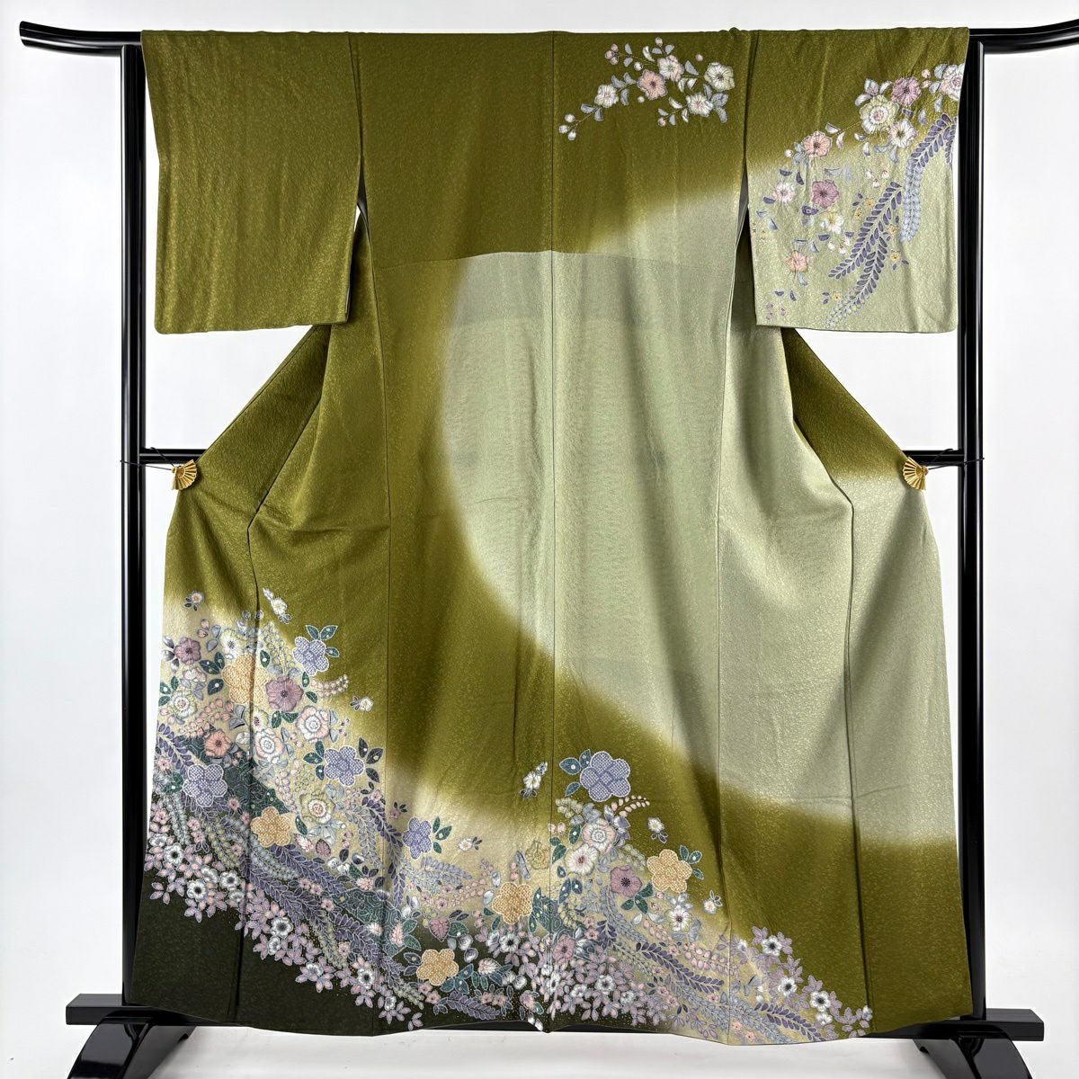 【美品】訪問服 身長160cm 袖長63cm S 雙層 鈕扣襯 辻花染 金銀彩 漸層 鶯色 純蠶絲 名品級