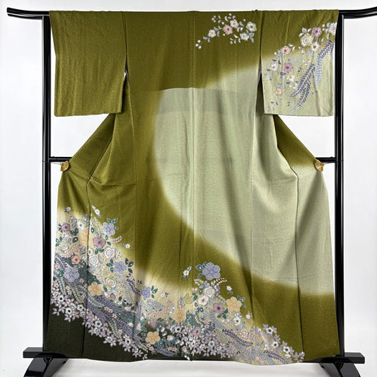 【美品】訪問服 身長160cm 袖長63cm S 雙層 鈕扣襯 辻花染 金銀彩 漸層 鶯色 純蠶絲 名品級