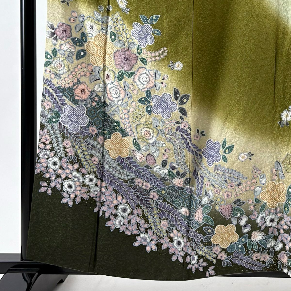 【美品】訪問服 身長160cm 袖長63cm S 雙層 鈕扣襯 辻花染 金銀彩 漸層 鶯色 純蠶絲 名品級