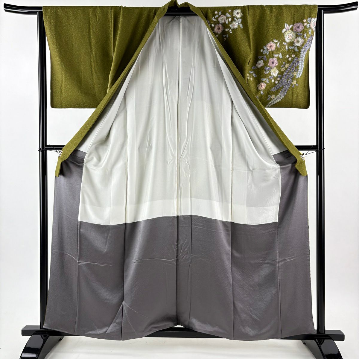 【美品】訪問服 身長160cm 袖長63cm S 雙層 鈕扣襯 辻花染 金銀彩 漸層 鶯色 純蠶絲 名品級