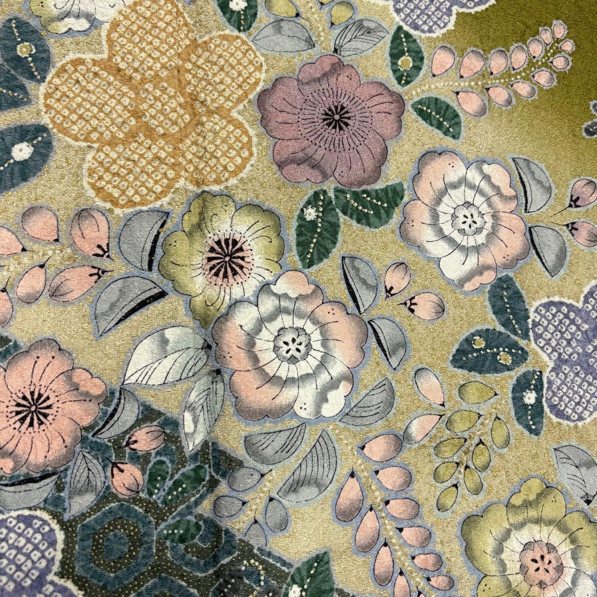 【美品】訪問服 身長160cm 袖長63cm S 雙層 鈕扣襯 辻花染 金銀彩 漸層 鶯色 純蠶絲 名品級