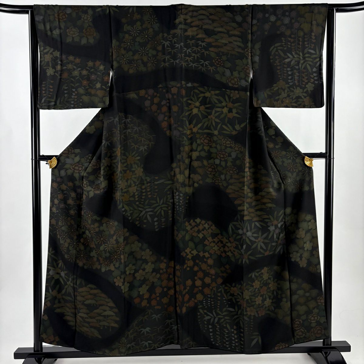 【美品】訪問服 身長157cm 袖長64.5cm M 雙層 菊花 松樹竹子梅花 金銀彩 黑 純蠶絲 名品級