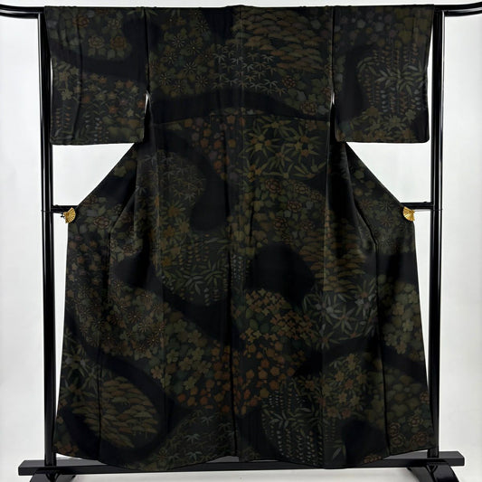 【美品】訪問服 身長157cm 袖長64.5cm M 雙層 菊花 松樹竹子梅花 金銀彩 黑 純蠶絲 名品級