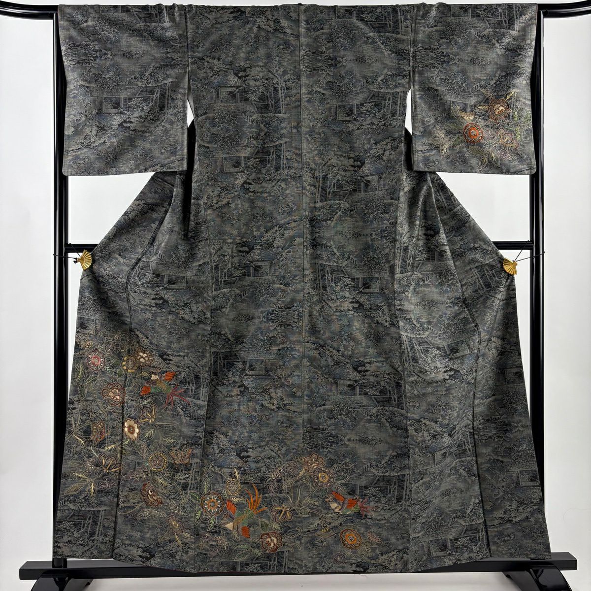 【美品】 付下 身長159cm 袖長66cm M 雙層 紬織織 花唐草紋 鳥 刺繡 灰綠 純蠶絲 名品級