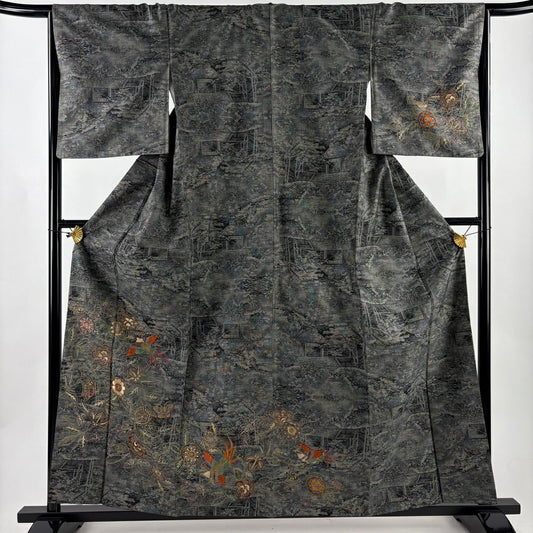 【美品】 付下 身長159cm 袖長66cm M 雙層 紬織織 花唐草紋 鳥 刺繡 灰綠 純蠶絲 名品級