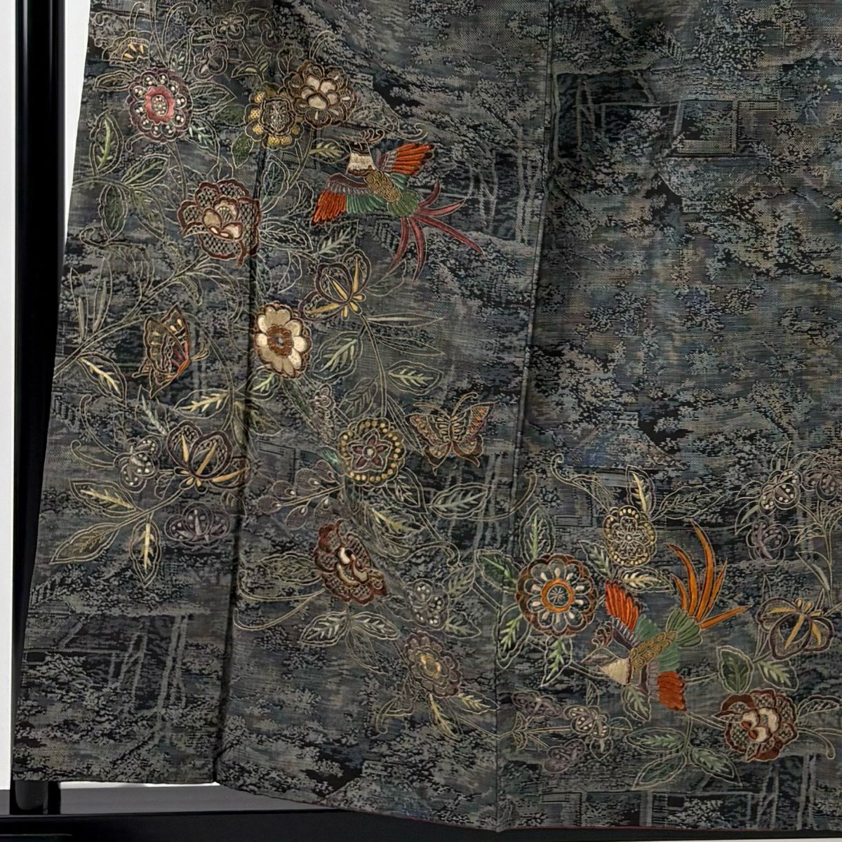 【美品】 付下 身長159cm 袖長66cm M 雙層 紬織織 花唐草紋 鳥 刺繡 灰綠 純蠶絲 名品級