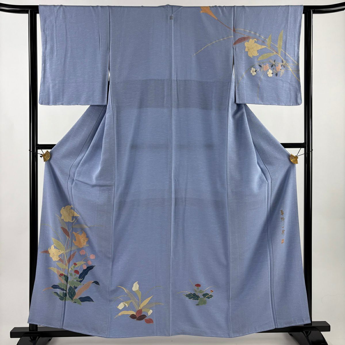 付下 身長159.5cm 袖長62.5cm S 雙層 草野一騎 落款あり 百合 鈴蘭 青灰 純蠶絲 名品級 一つ紋