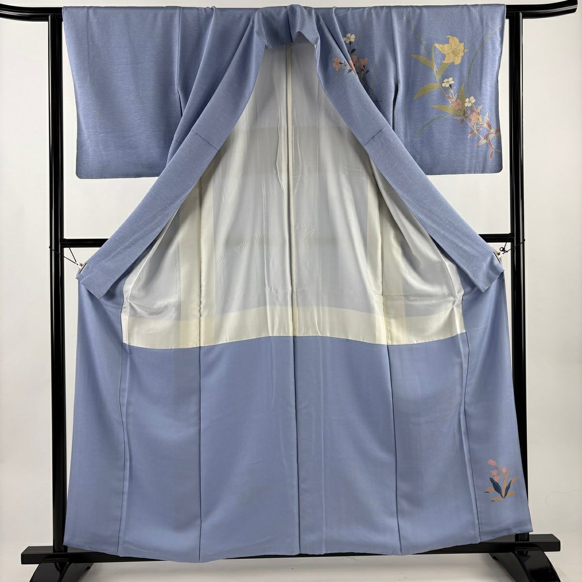 付下 身長159.5cm 袖長62.5cm S 雙層 草野一騎 落款あり 百合 鈴蘭 青灰 純蠶絲 名品級 一つ紋