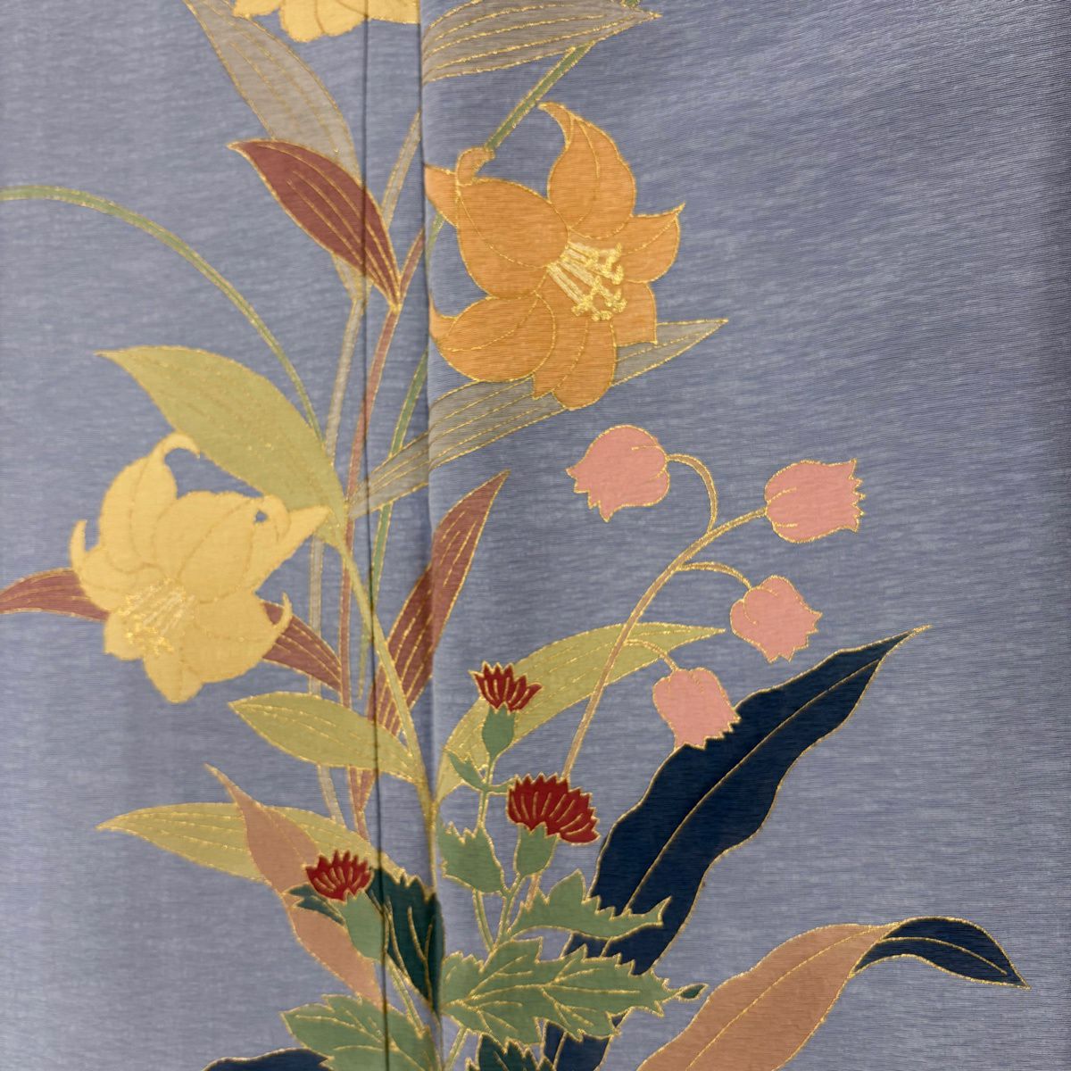 付下 身長159.5cm 袖長62.5cm S 雙層 草野一騎 落款あり 百合 鈴蘭 青灰 純蠶絲 名品級 一つ紋