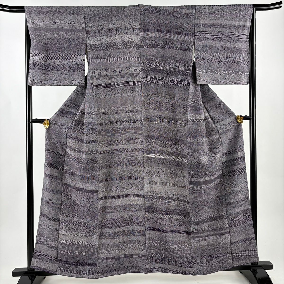 【美品】 江戶小紋 身長159cm 袖長65.5cm M 雙層 段紋 寄花紋 紫 純蠶絲 名品級