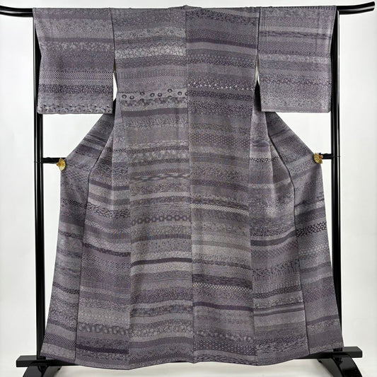 【美品】 江戶小紋 身長159cm 袖長65.5cm M 雙層 段紋 寄花紋 紫 純蠶絲 名品級