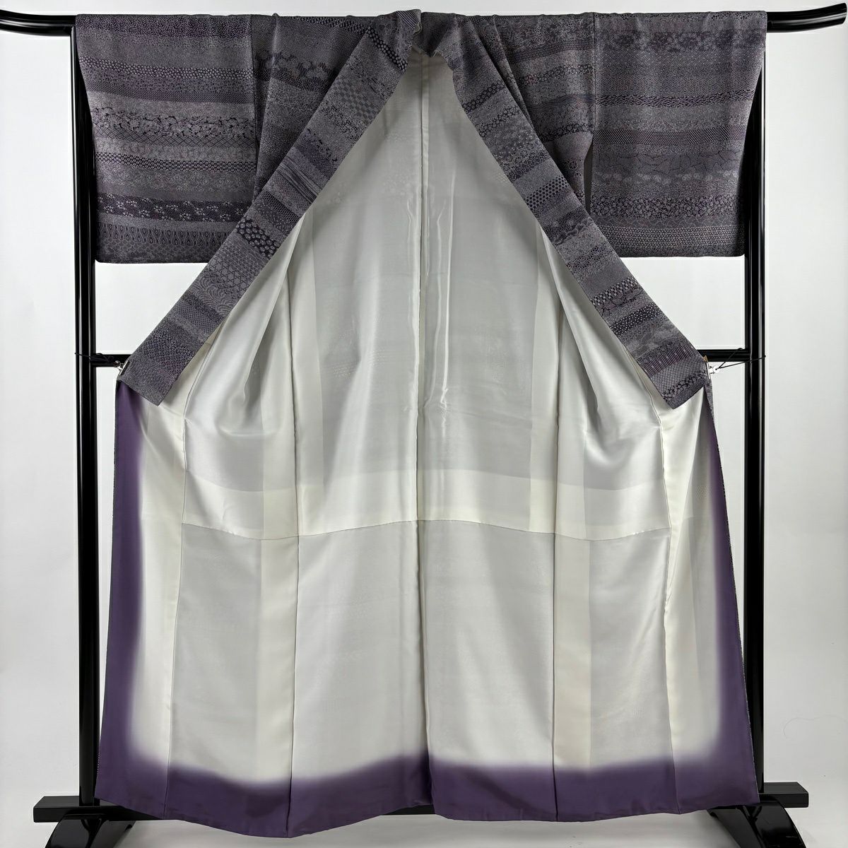 【美品】 江戶小紋 身長159cm 袖長65.5cm M 雙層 段紋 寄花紋 紫 純蠶絲 名品級