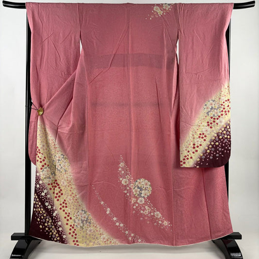 振袖禮服 身長160cm 袖長67cm M 雙層 櫻花 花瓣 銀通 金銀彩 粉紅 純蠶絲 名品級
