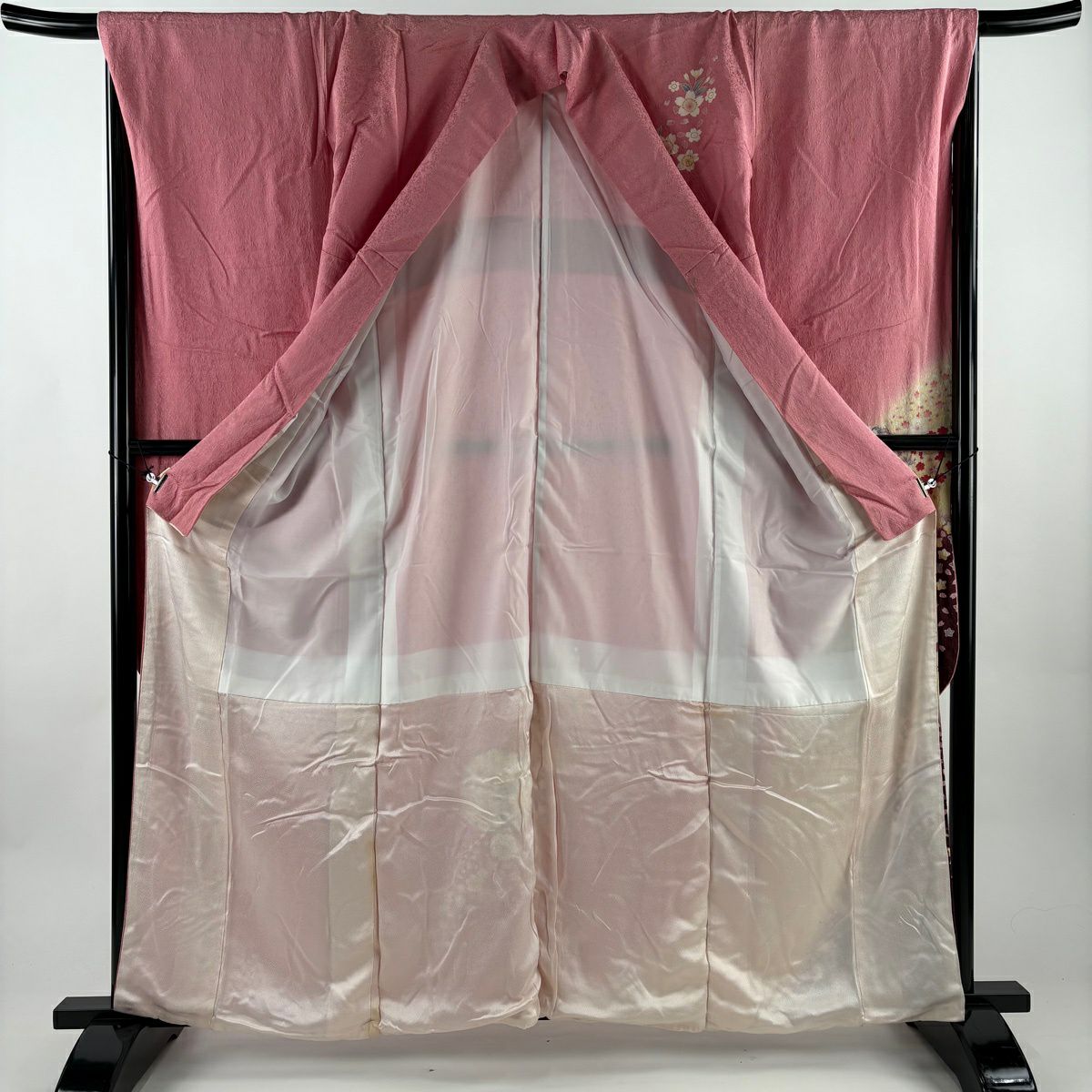 振袖禮服 身長160cm 袖長67cm M 雙層 櫻花 花瓣 銀通 金銀彩 粉紅 純蠶絲 名品級