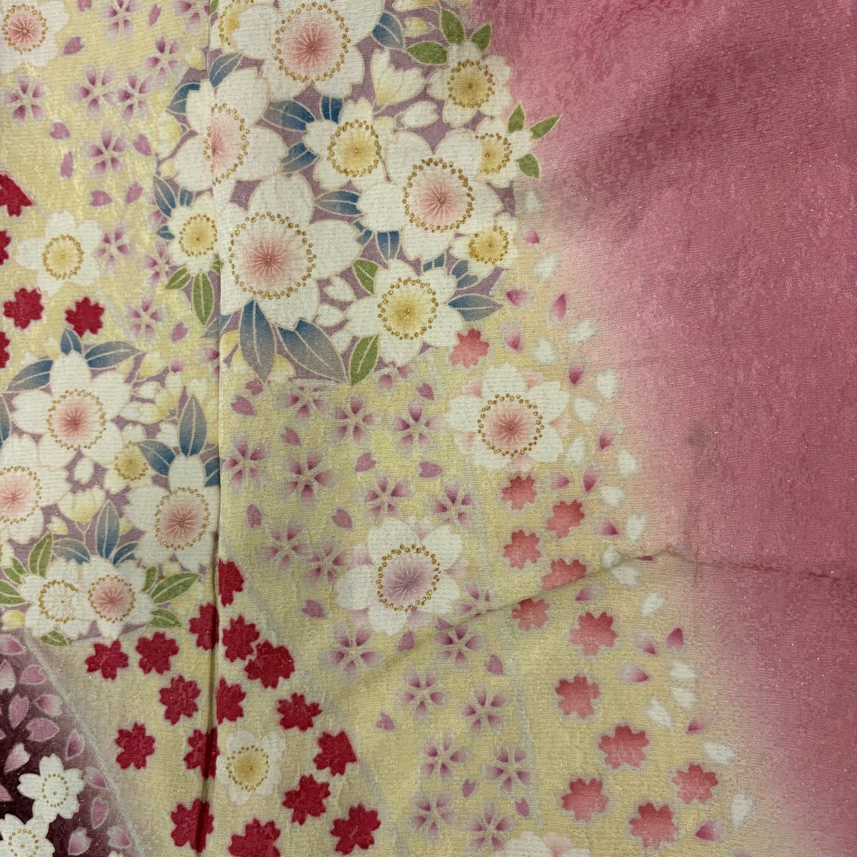 振袖禮服 身長160cm 袖長67cm M 雙層 櫻花 花瓣 銀通 金銀彩 粉紅 純蠶絲 名品級