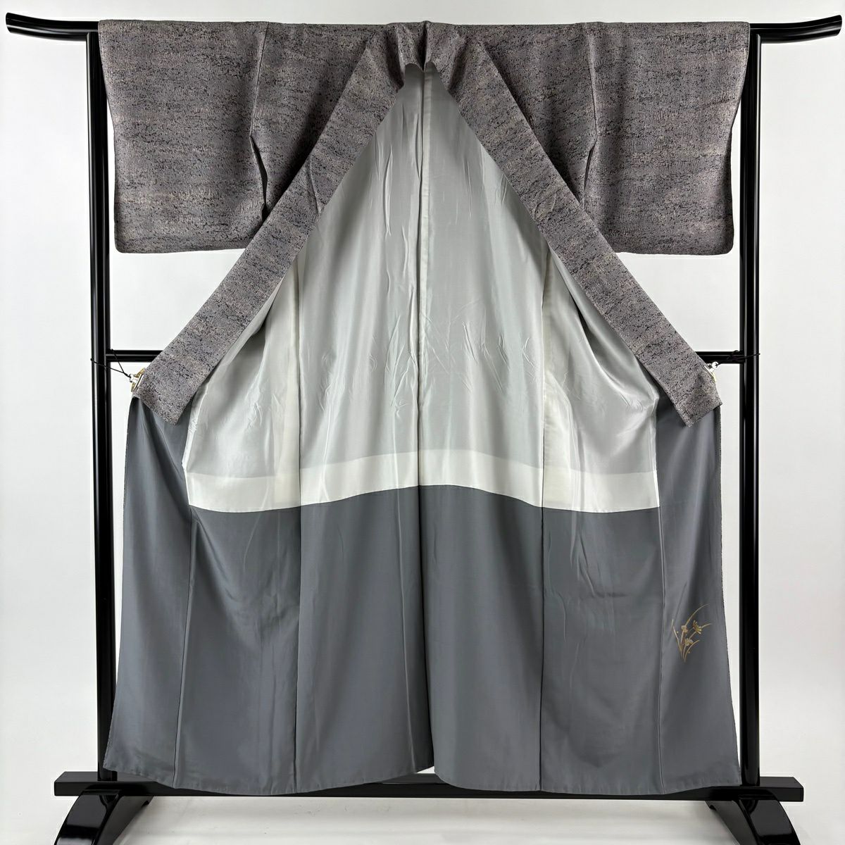 【美品】 小紋 身長158cm 袖長64cm M 雙層 霞 陶彩染 灰紫 純蠶絲 名品級