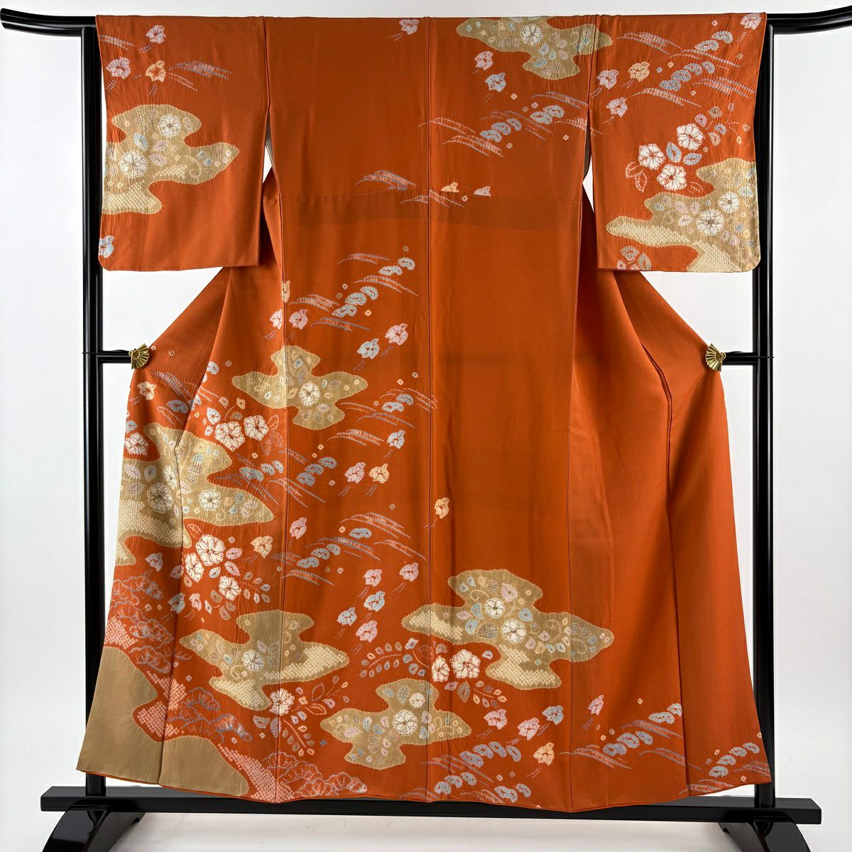 訪問服 身長156cm 袖長64.5cm M 雙層 草花紋紋 千鳥 絞染 橙色 純蠶絲 名品級