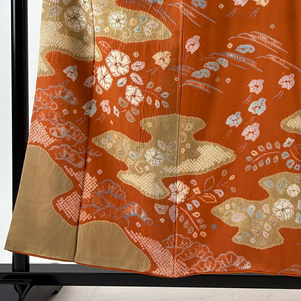 訪問服 身長156cm 袖長64.5cm M 雙層 草花紋紋 千鳥 絞染 橙色 純蠶絲 名品級