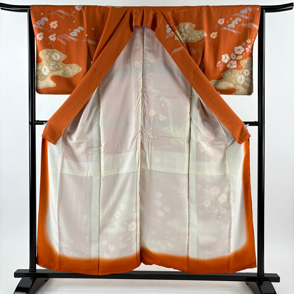 訪問服 身長156cm 袖長64.5cm M 雙層 草花紋紋 千鳥 絞染 橙色 純蠶絲 名品級