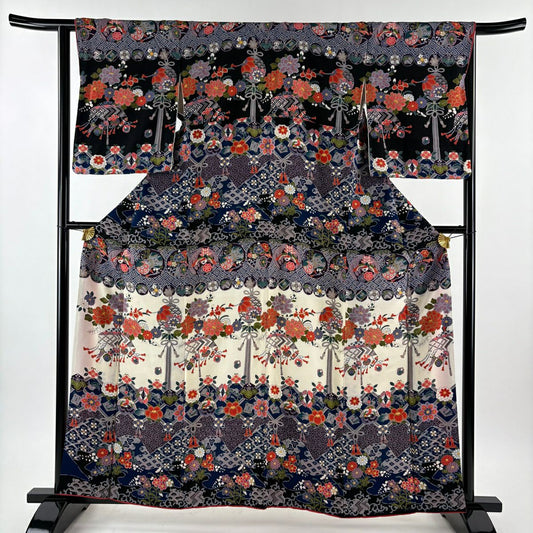 訪問服 身長159.5cm 袖長63cm S 雙層 寶盡くし 草花紋紋 金銀彩 絞織 黑 純蠶絲 名品級