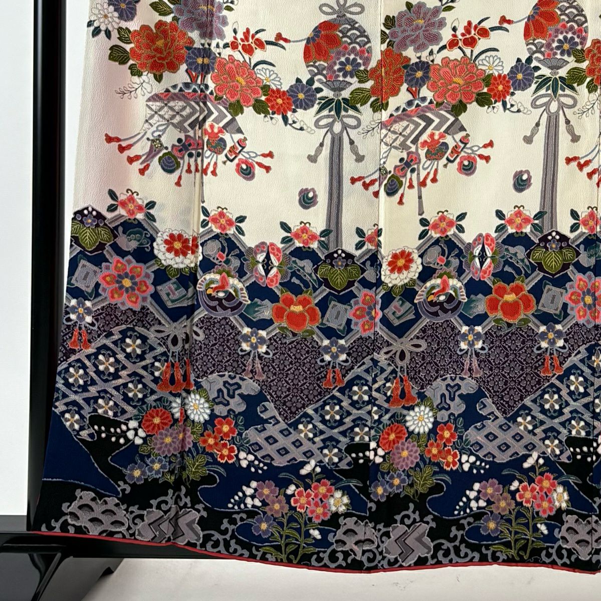 訪問服 身長159.5cm 袖長63cm S 雙層 寶盡くし 草花紋紋 金銀彩 絞織 黑 純蠶絲 名品級