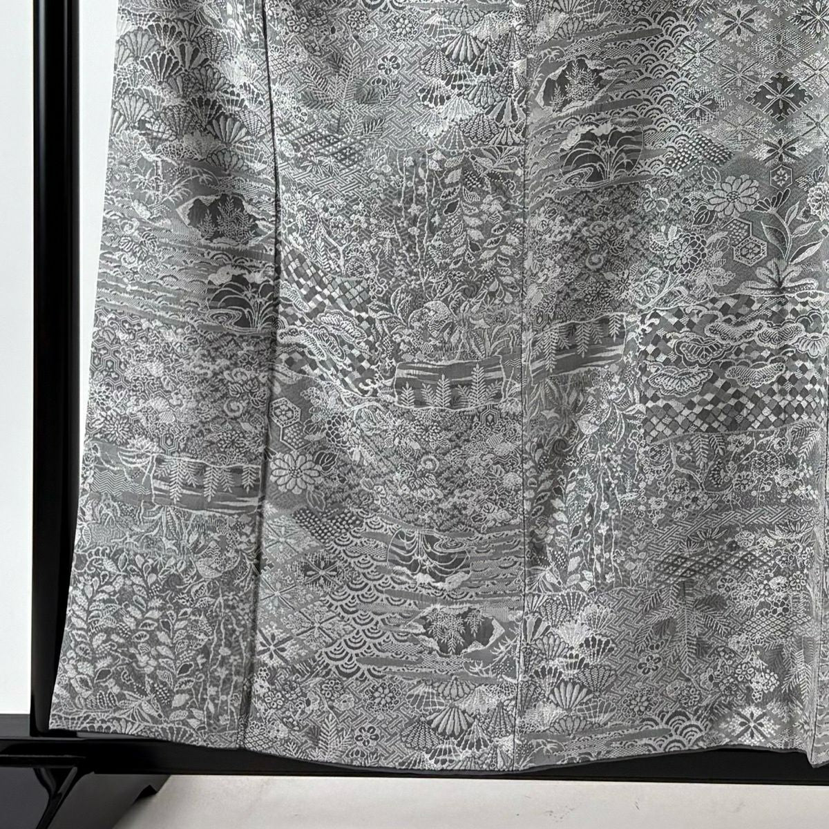小紋 身長157.5cm 袖長65.5cm M 雙層 扇子面 草花紋紋意匠 灰色 純蠶絲 名品級
