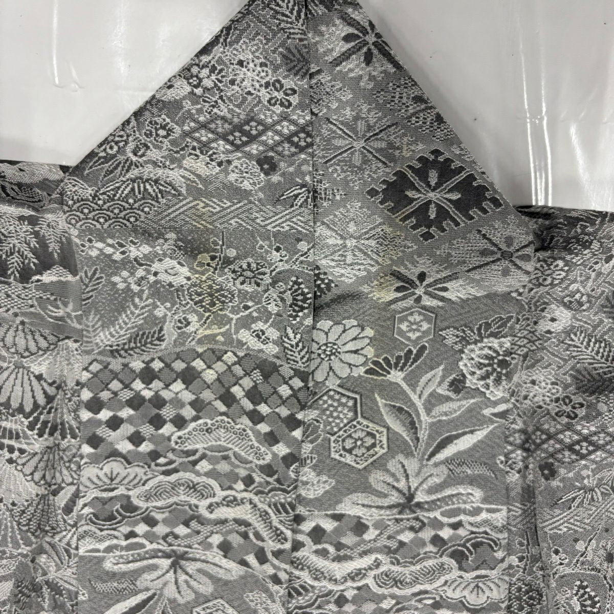 小紋 身長157.5cm 袖長65.5cm M 雙層 扇子面 草花紋紋意匠 灰色 純蠶絲 名品級