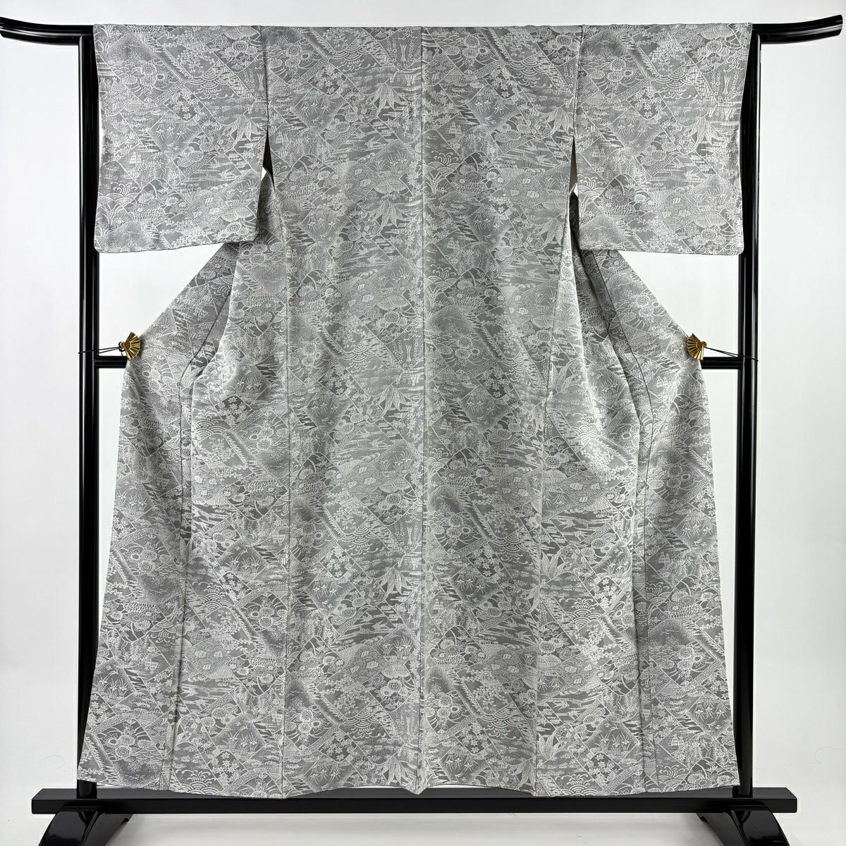 【美品】 小紋 身長154.5cm 袖長64cm M 雙層 草花紋紋 波紋意匠 灰色 純蠶絲 名品級