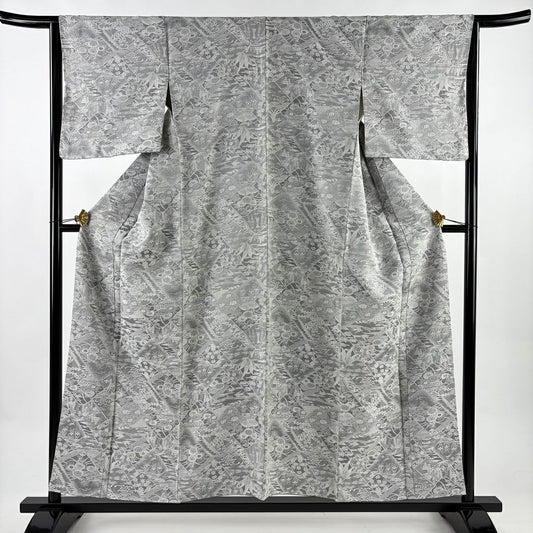 【美品】 小紋 身長154.5cm 袖長64cm M 雙層 草花紋紋 波紋意匠 灰色 純蠶絲 名品級