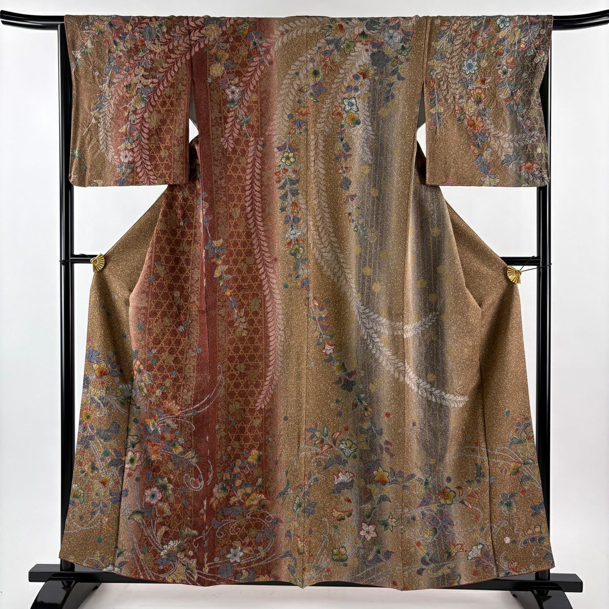 【美品】訪問服 身長158cm 袖長66.5cm M 雙層 草花紋紋 金通染 茶 純蠶絲 名品級