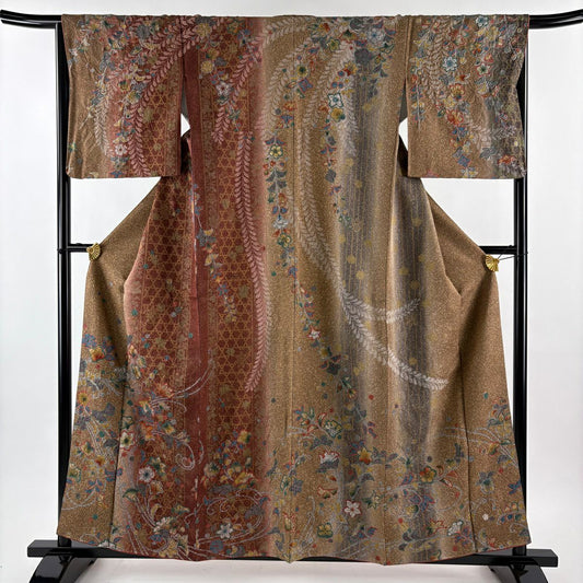 【美品】訪問服 身長158cm 袖長66.5cm M 雙層 草花紋紋 金通染 茶 純蠶絲 名品級