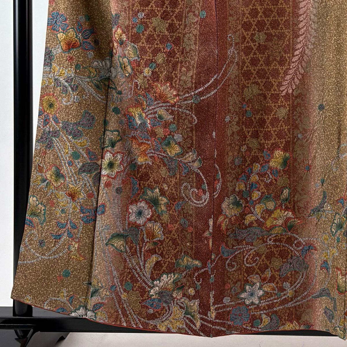 【美品】訪問服 身長158cm 袖長66.5cm M 雙層 草花紋紋 金通染 茶 純蠶絲 名品級