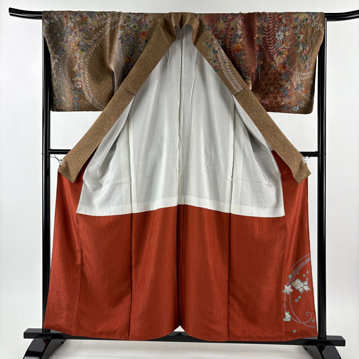 【美品】訪問服 身長158cm 袖長66.5cm M 雙層 草花紋紋 金通染 茶 純蠶絲 名品級
