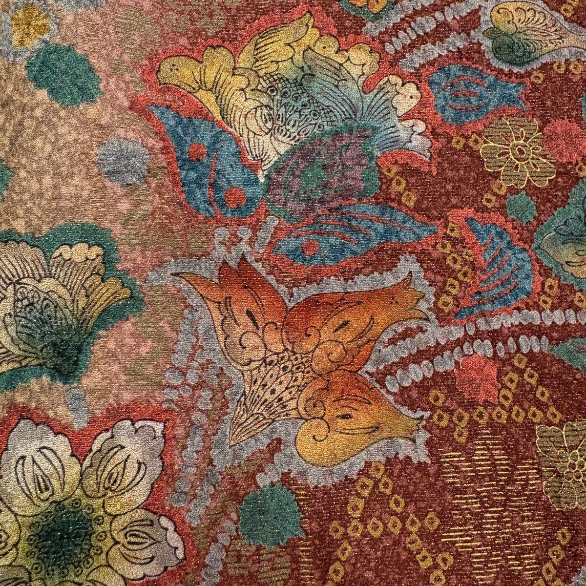 【美品】訪問服 身長158cm 袖長66.5cm M 雙層 草花紋紋 金通染 茶 純蠶絲 名品級