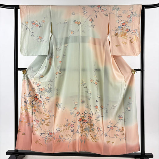 訪問服 身長156cm 袖長62.5cm S 雙層 落款あり 橘花 草花紋紋 金銀彩 染分 薄粉紅 純蠶絲 名品級