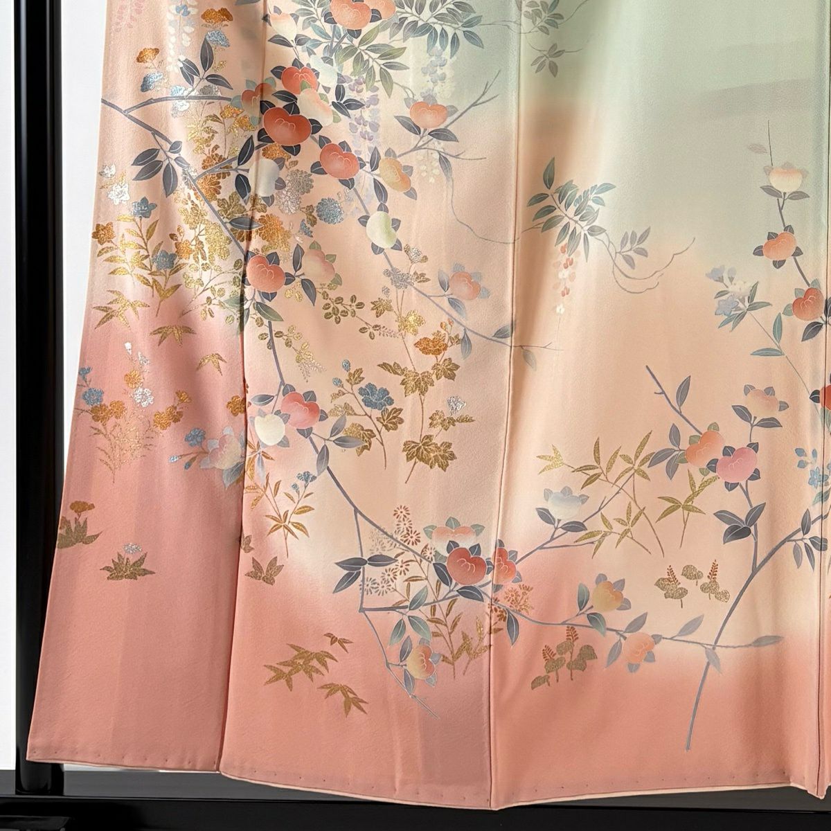 訪問服 身長156cm 袖長62.5cm S 雙層 落款あり 橘花 草花紋紋 金銀彩 染分 薄粉紅 純蠶絲 名品級