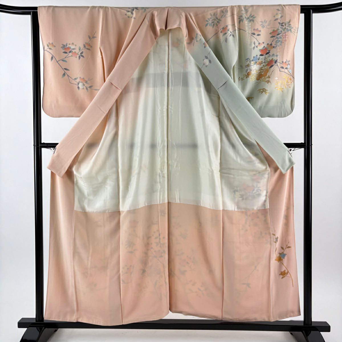 訪問服 身長156cm 袖長62.5cm S 雙層 落款あり 橘花 草花紋紋 金銀彩 染分 薄粉紅 純蠶絲 名品級