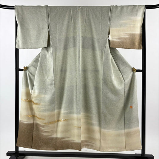 付下 身長151.5cm 袖長68cm L 雙層 堀省平 落款あり 霞 金金箔散佈 漸層 金銀彩 淺綠 純蠶絲 名品級 一個紋