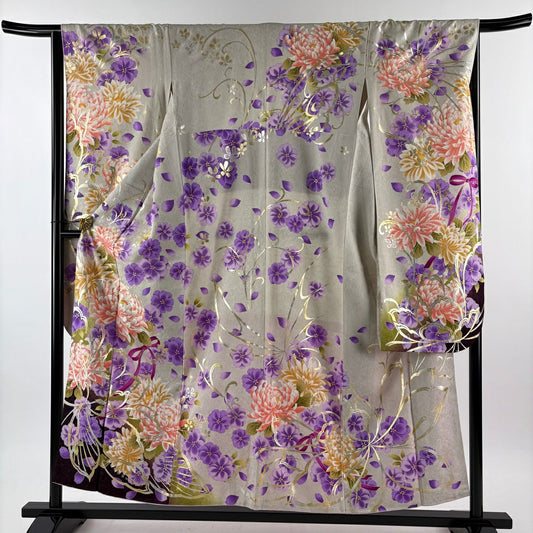 振袖禮服 身長154cm 袖長66cm M 雙層 菊花 草花紋紋 金銀彩 銀通し 灰 純蠶絲 名品級