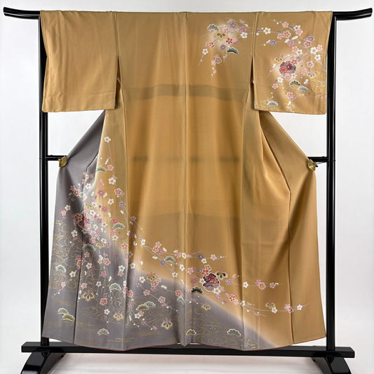 訪問服 身長157cm 袖長66cm M 雙層 雪輪 梅花 染分 金銀彩 灰紫 純蠶絲 名品級