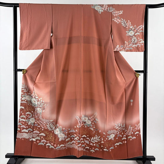 【美品】訪問服 身長158cm 袖長63cm S 雙層 翠山工房 落款あり 辻花染 金銀彩 漸層 鮭粉色 純蠶絲 名品級