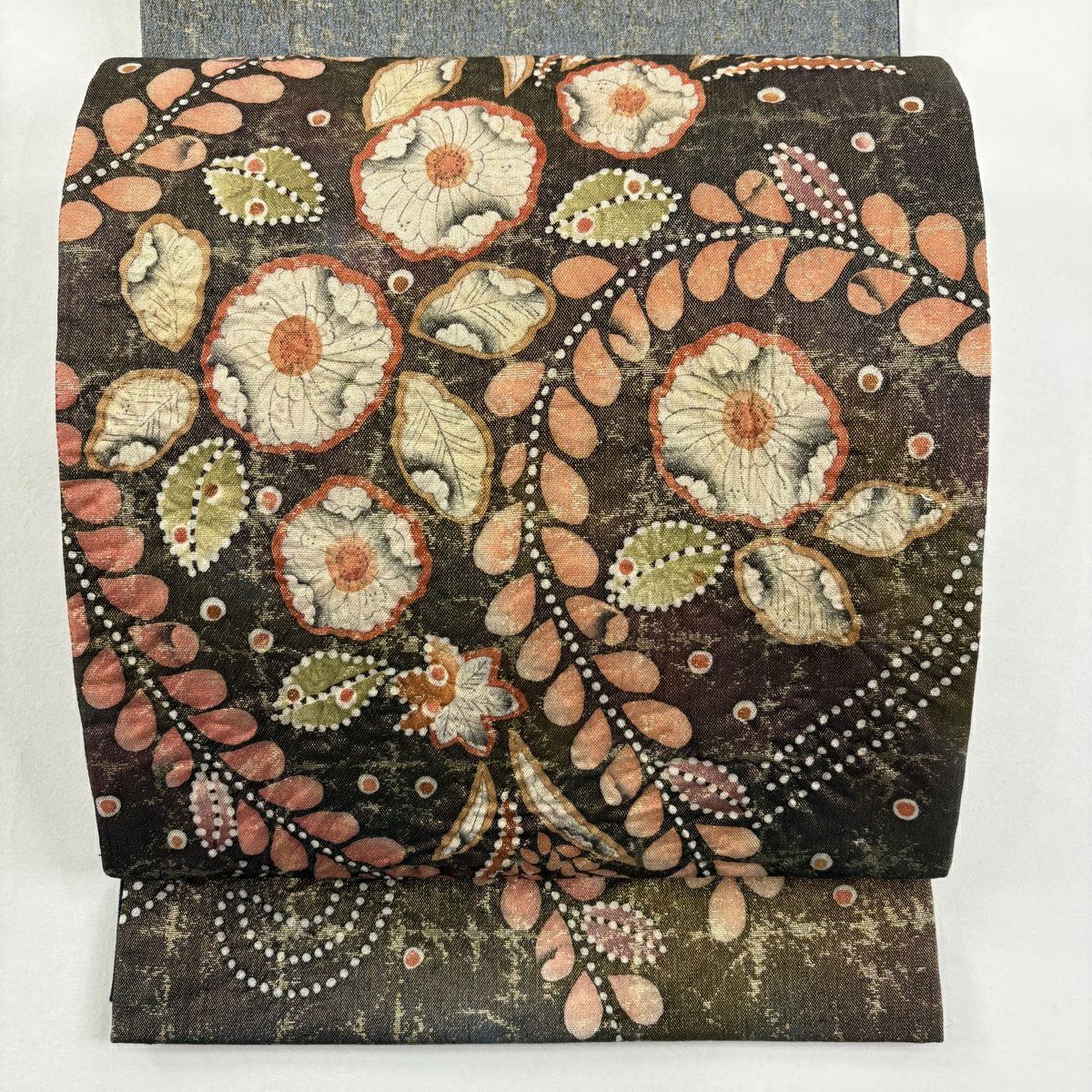 【美品】 袋帶 名品級 辻花染 金金箔 茶綠 お太鼓圖案 純蠶絲