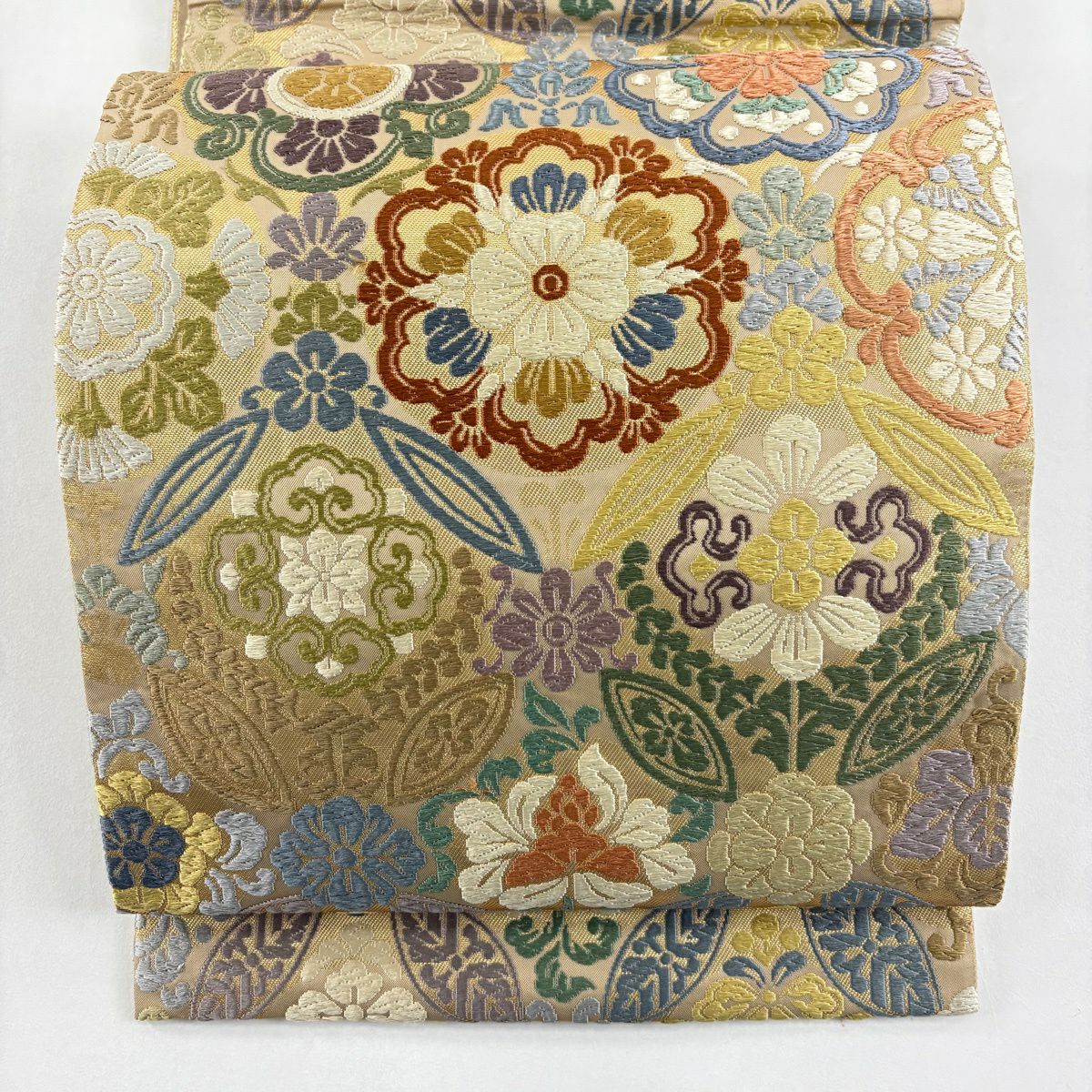 【美品】 袋帶 名品級 清雅草花紋紋 唐織 金金箔 薄茶 六通 純蠶絲